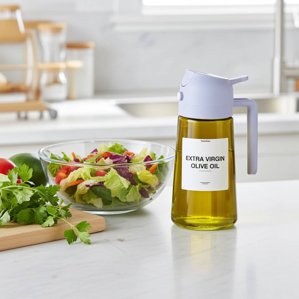 2-in-1 Oil Sprayer and Dispenser for Kitchen - 470ml Glass Olive Oil Bottle - Dual Function Oil Mister and Pourer